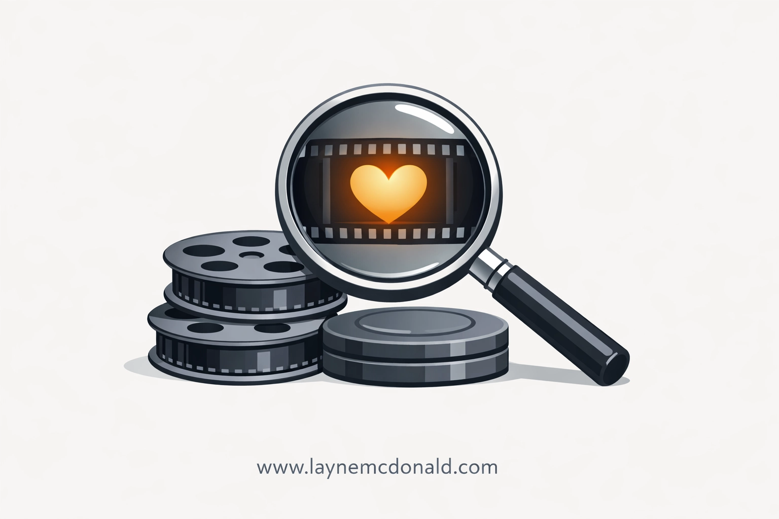 Magnifying glass over film reels revealing a heart, symbolizing spiritual discernment in media choices.