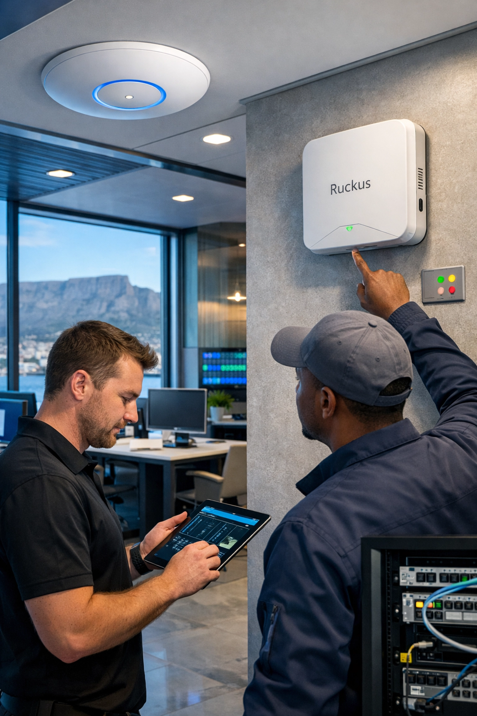 Ubiquiti and Ruckus WiFi devices installed in a Cape Town bank, ensuring reliable network performance.