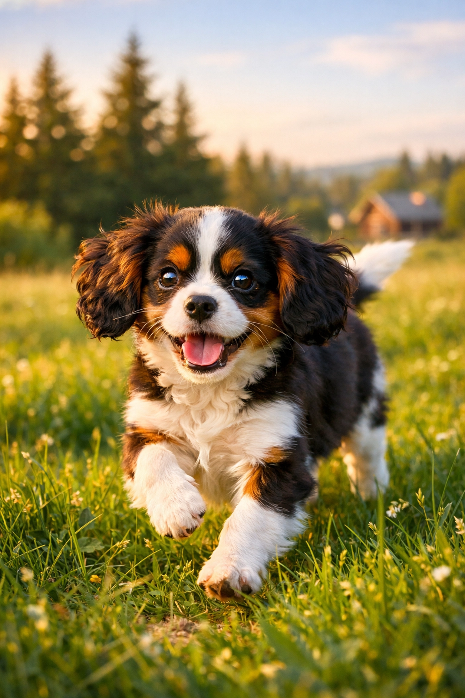Active puppy from an AKC Cavalier King Charles breeder in Boring Oregon running through a sunny meadow.