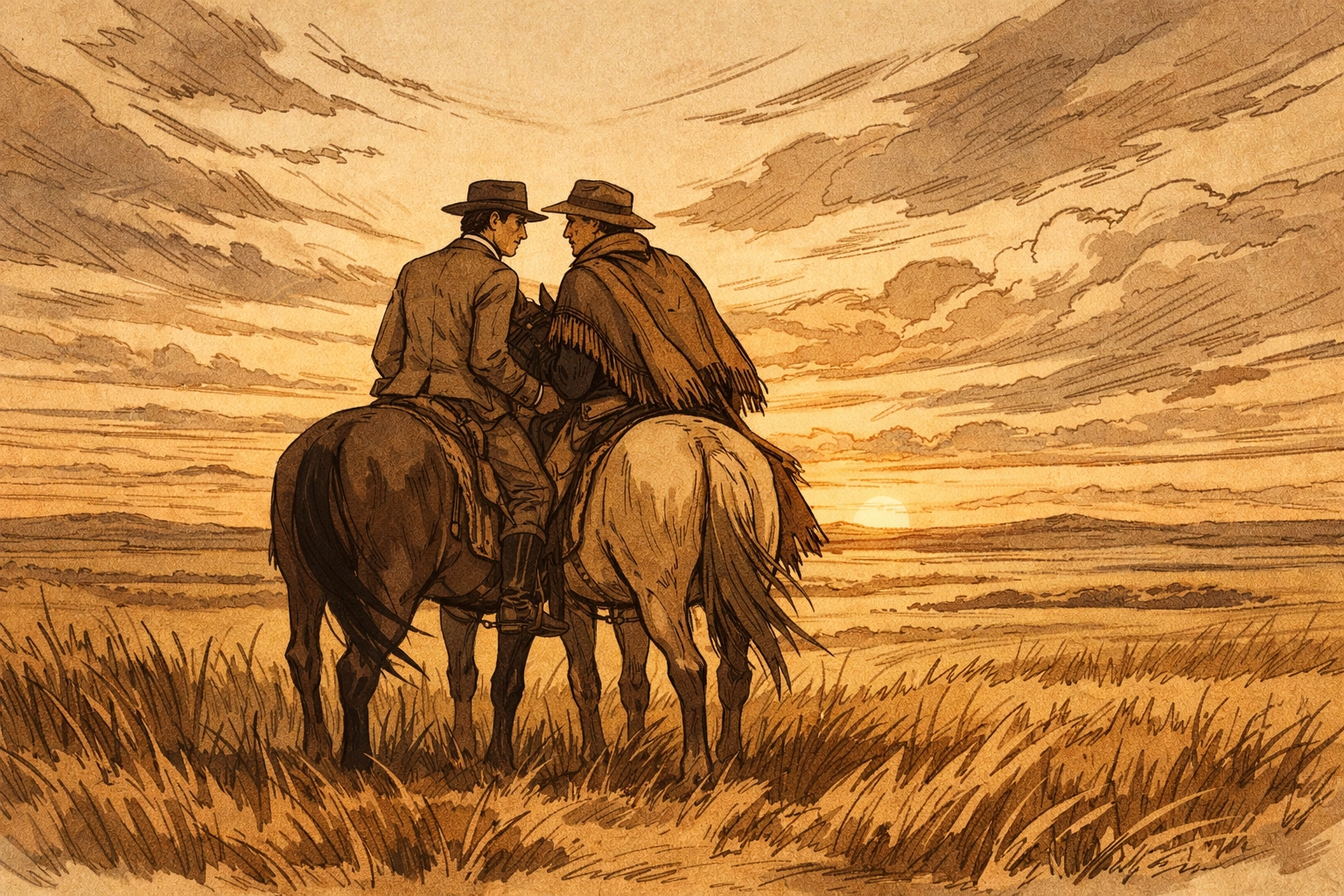 Estanciero and gaucho on horseback in the Argentine Pampas at sunset, MM historical romance