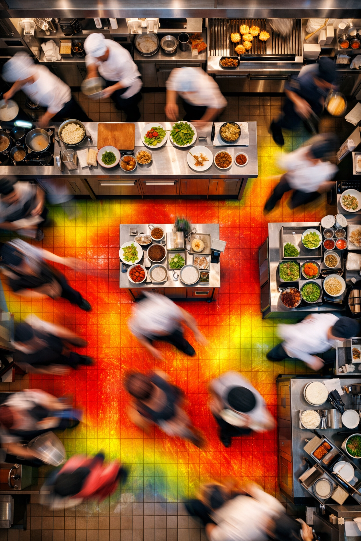 Heatmap overlay of a busy restaurant kitchen analyzing foot traffic and staff efficiency.