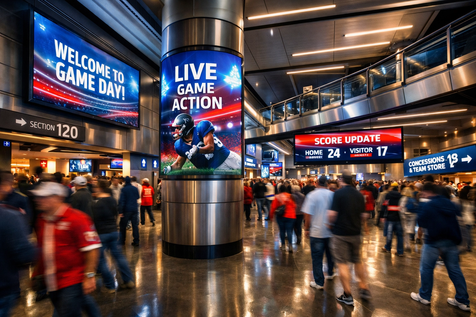 Modern stadium concourse with digital signage displays and branded content screens