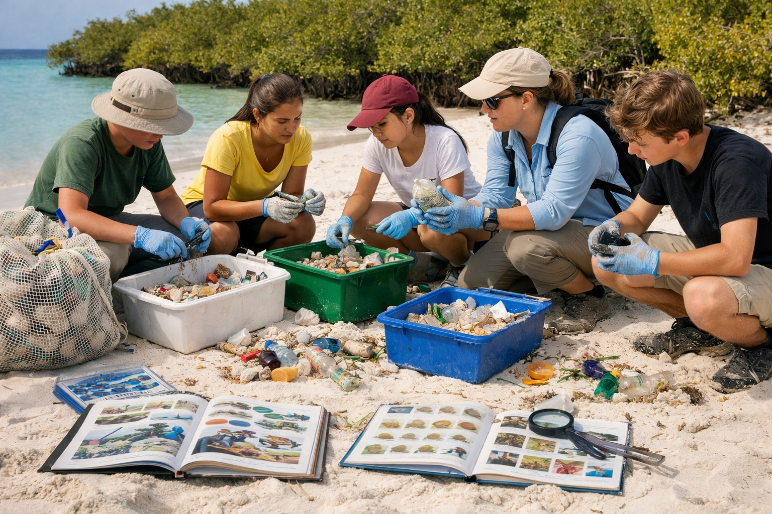 Students and marine researcher conducting beach cleanup service learning in Cayman Islands