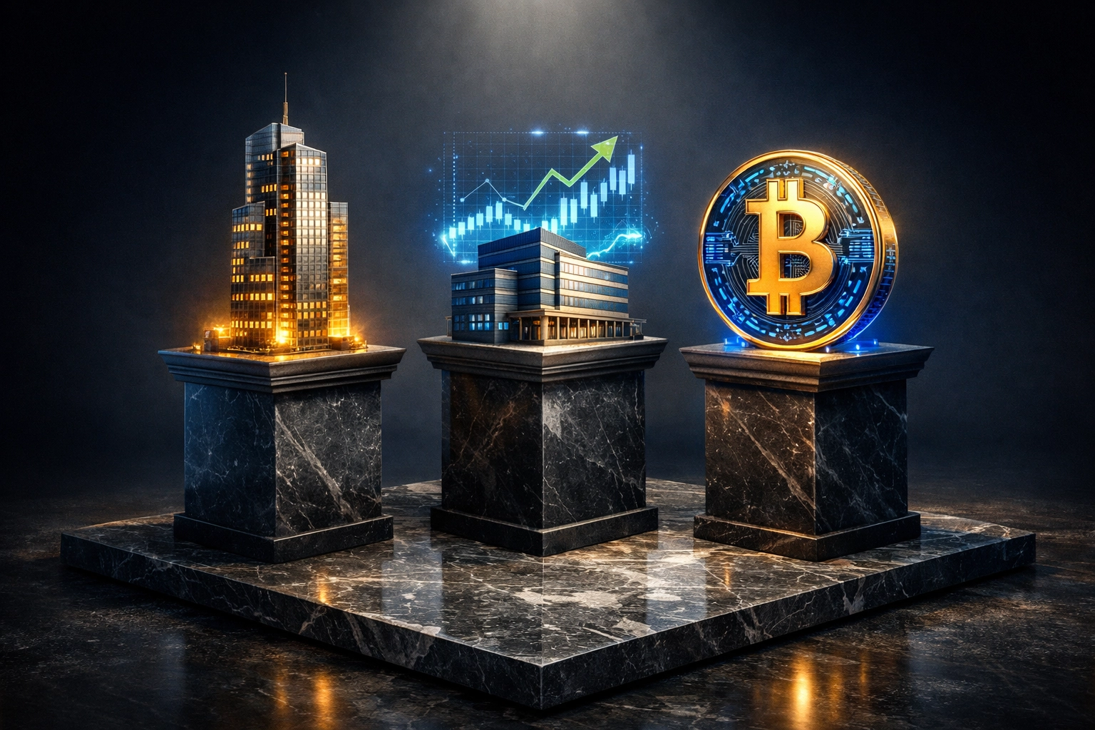 Three pillars representing real estate, private equity, and crypto in 40/30/30 portfolio framework