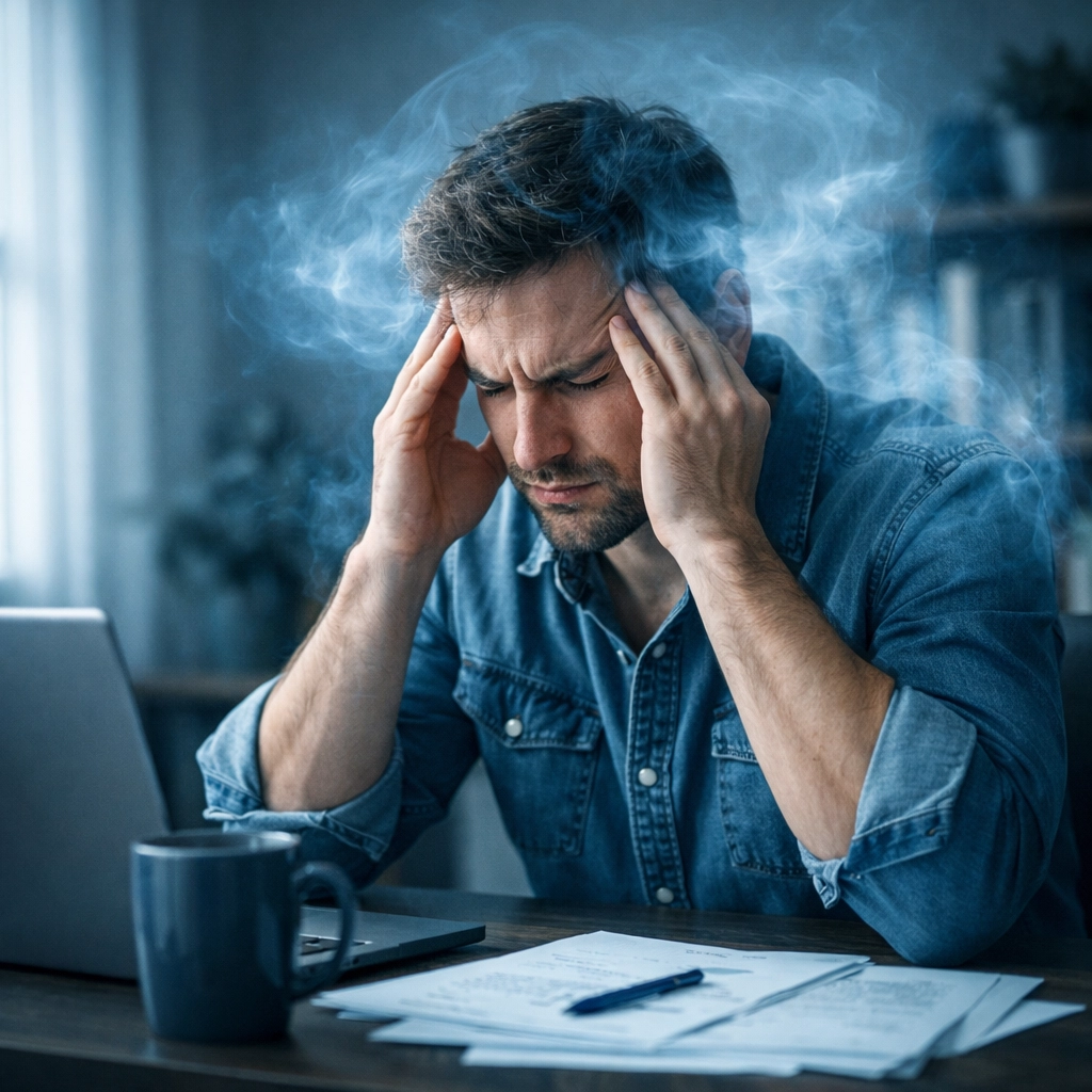 Person experiencing brain fog and cognitive difficulties at home desk from mold exposure