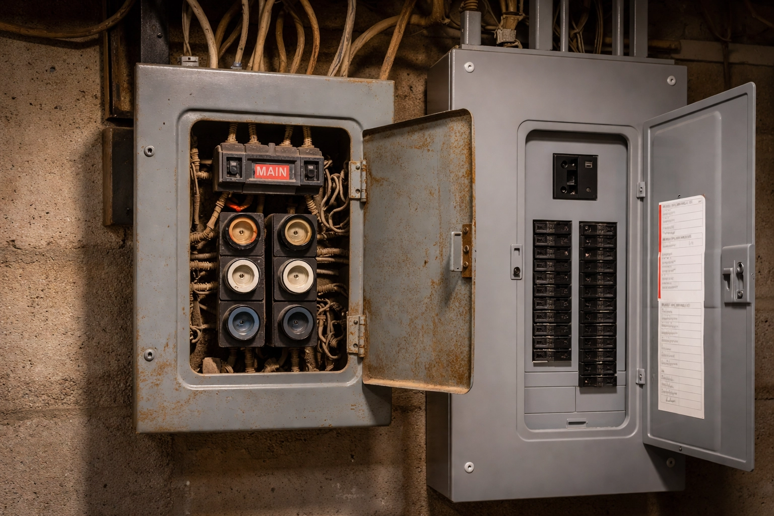 Comparison of old 60-amp electrical panel and new breaker box in a Dearborn basement