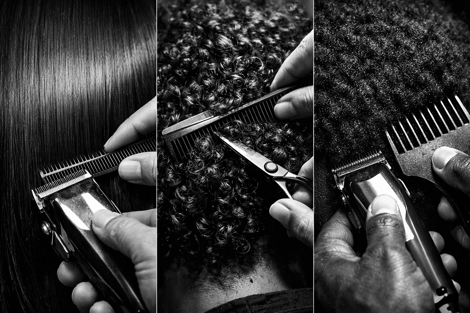 Barber demonstrating texture training techniques on straight, curly, and coily hair types