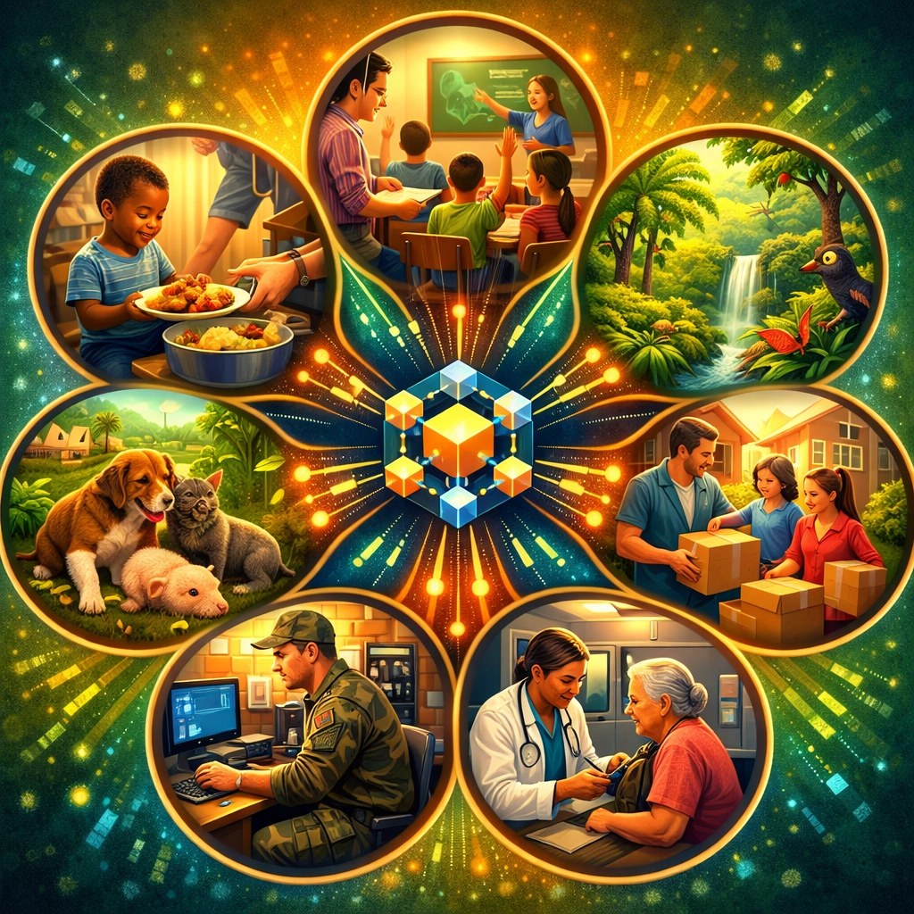 Seven charitable causes supported by Larecoin: hunger relief, education, environment, veterans, animals