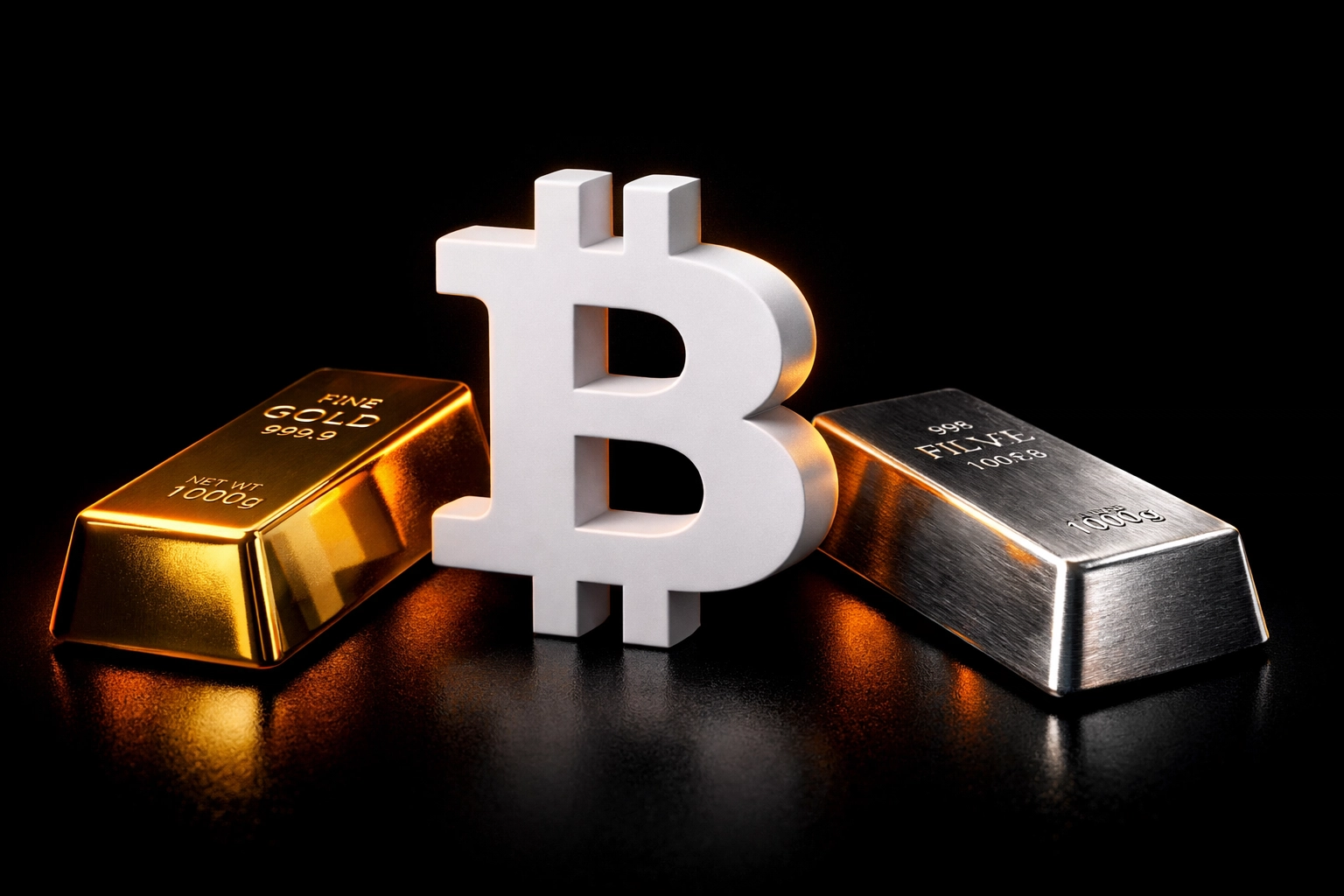 A collection of hard assets including Bitcoin, gold, and silver bullion for long-term stacking.