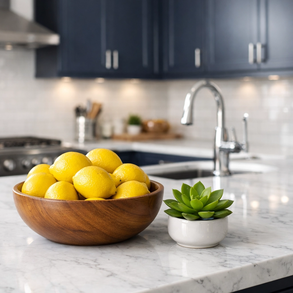 Clean marble kitchen island in a Paxton home using eco-friendly solutions for safe house cleaning.