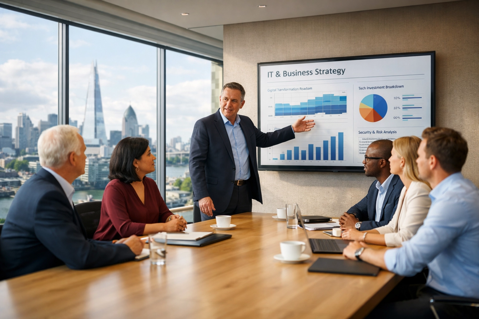 Business leaders in a London boardroom establishing a ServiceNow Center of Excellence and governance.