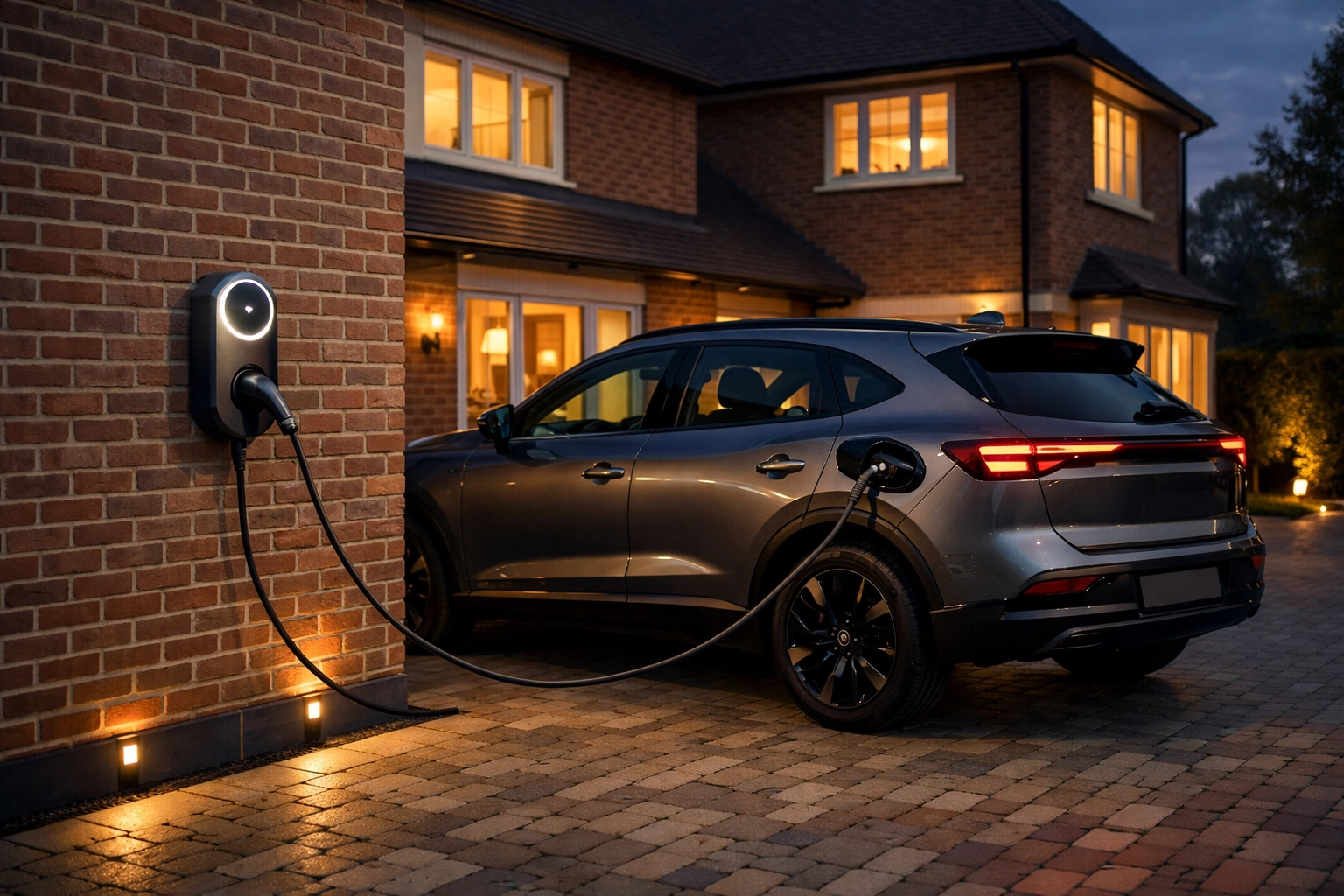 Professional EV charger installation at a UK home for cheaper off-peak electric vehicle charging at night.