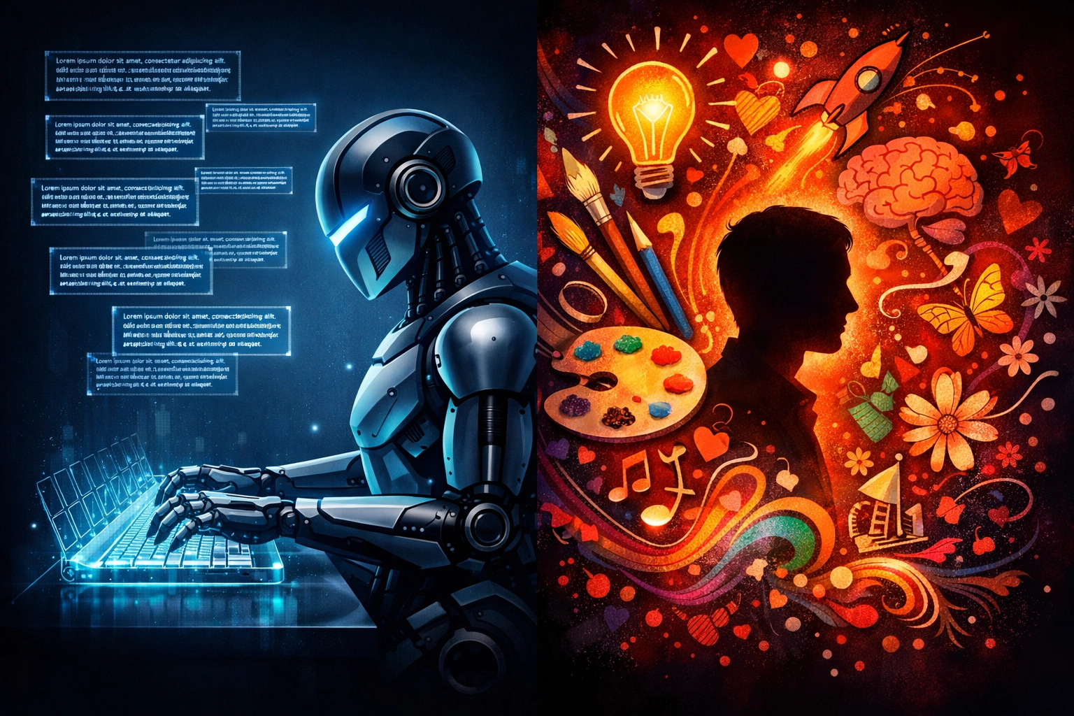 Contrast between robotic repetitive AI writing and creative human content with personal touch