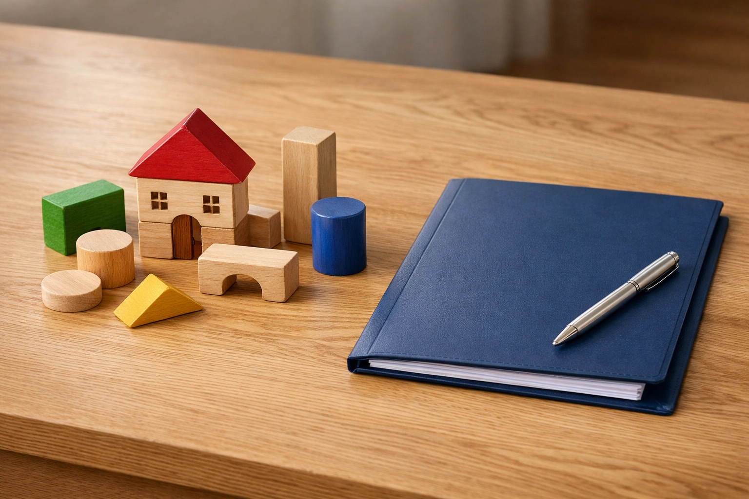 Wooden toy house and legal folders on a desk representing child custody in a Fredericksburg divorce.