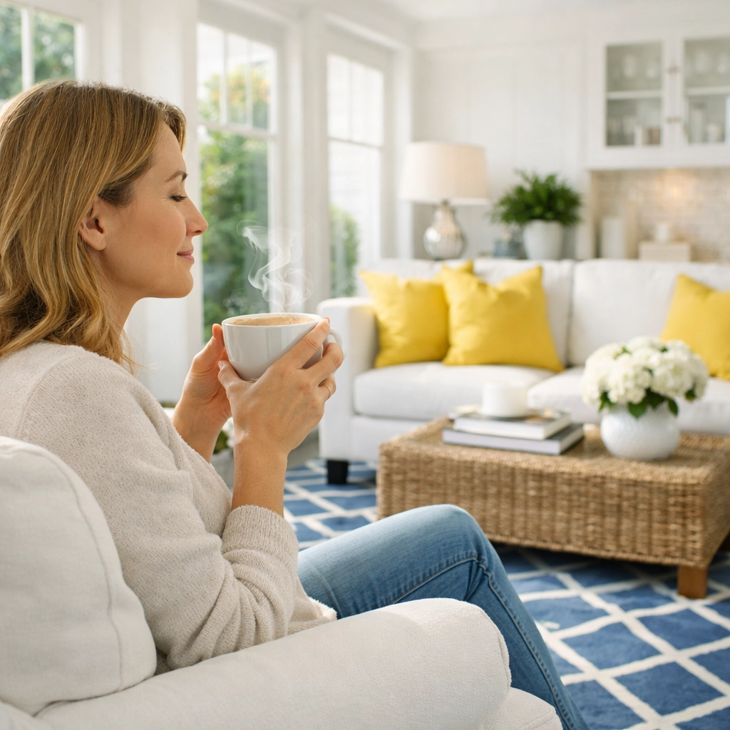 Relaxed homeowner in a pristine sunroom after professional residential cleaning Massachusetts for Dover estates.