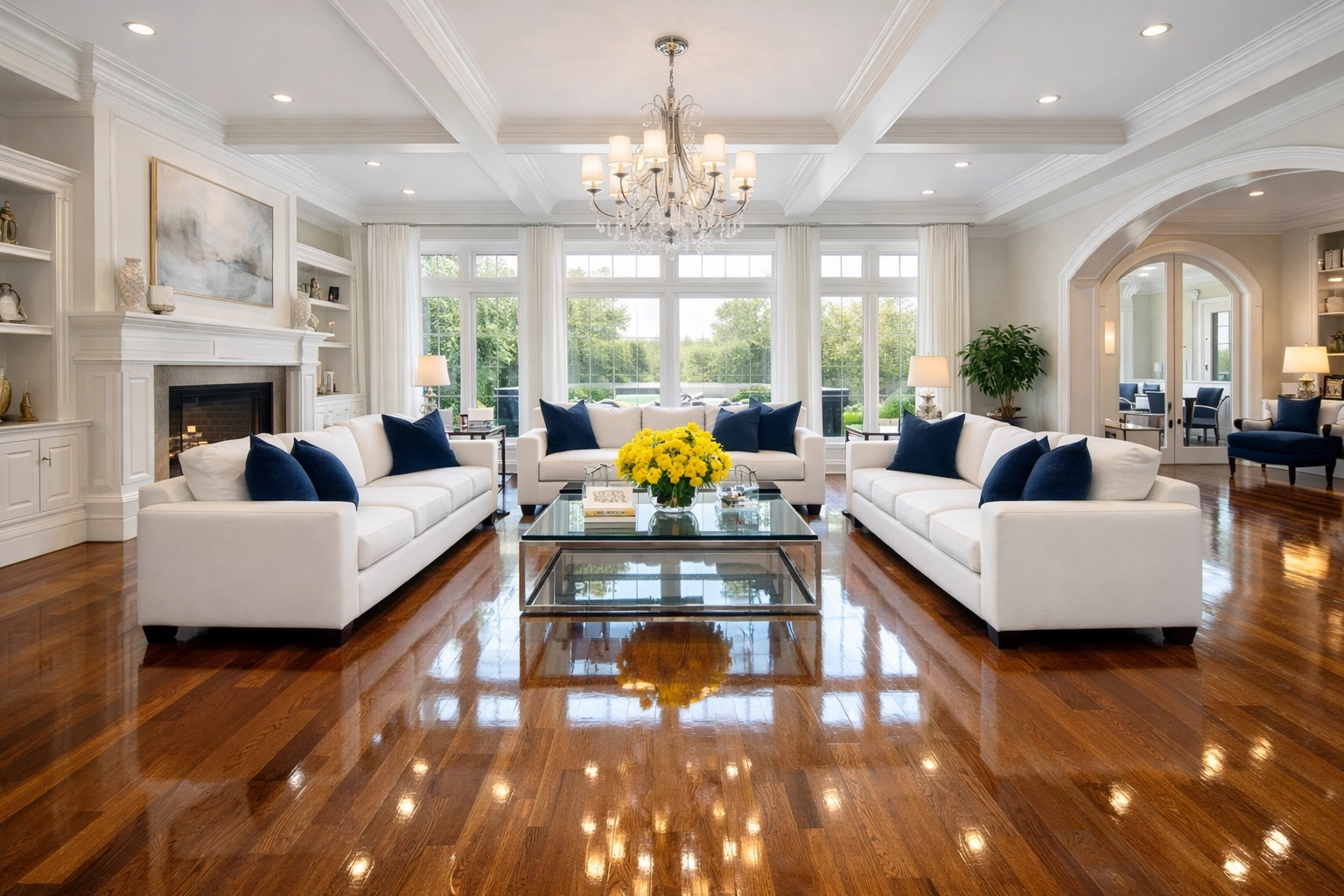 A pristine, move-in ready living room after a thorough post-construction cleaning MA for a Massachusetts estate.