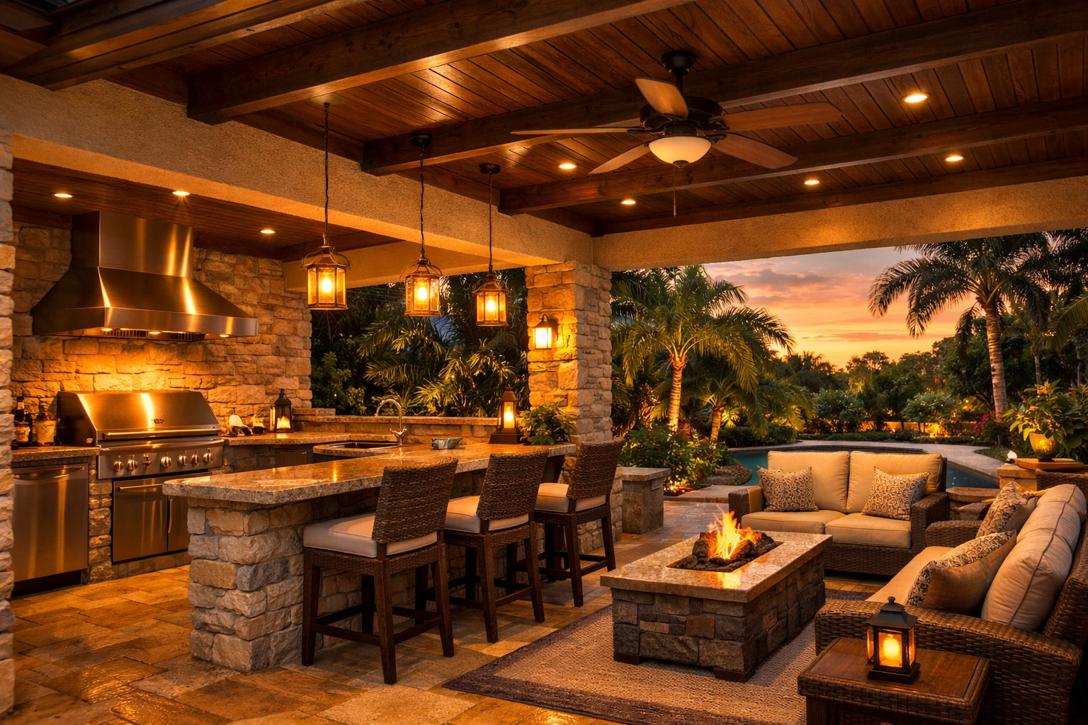 Covered outdoor patio with kitchen in Orlando for Florida lifestyle living
