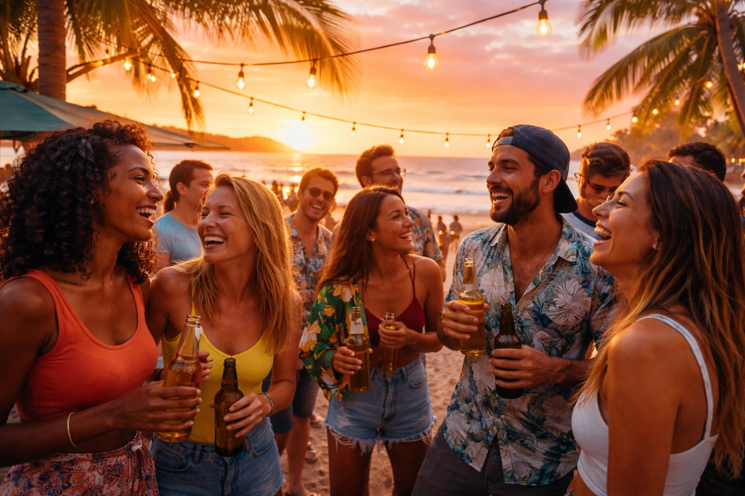 Digital nomads networking at a Puerto Vallarta beach meetup at sunset, highlighting the thriving expat community.