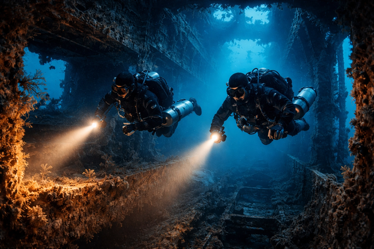 Zwei Trimix-Taucher beim Erkunden eines tiefen Wracks, starke Lampen beleuchten das metallene Wrack beim TEC-Diving