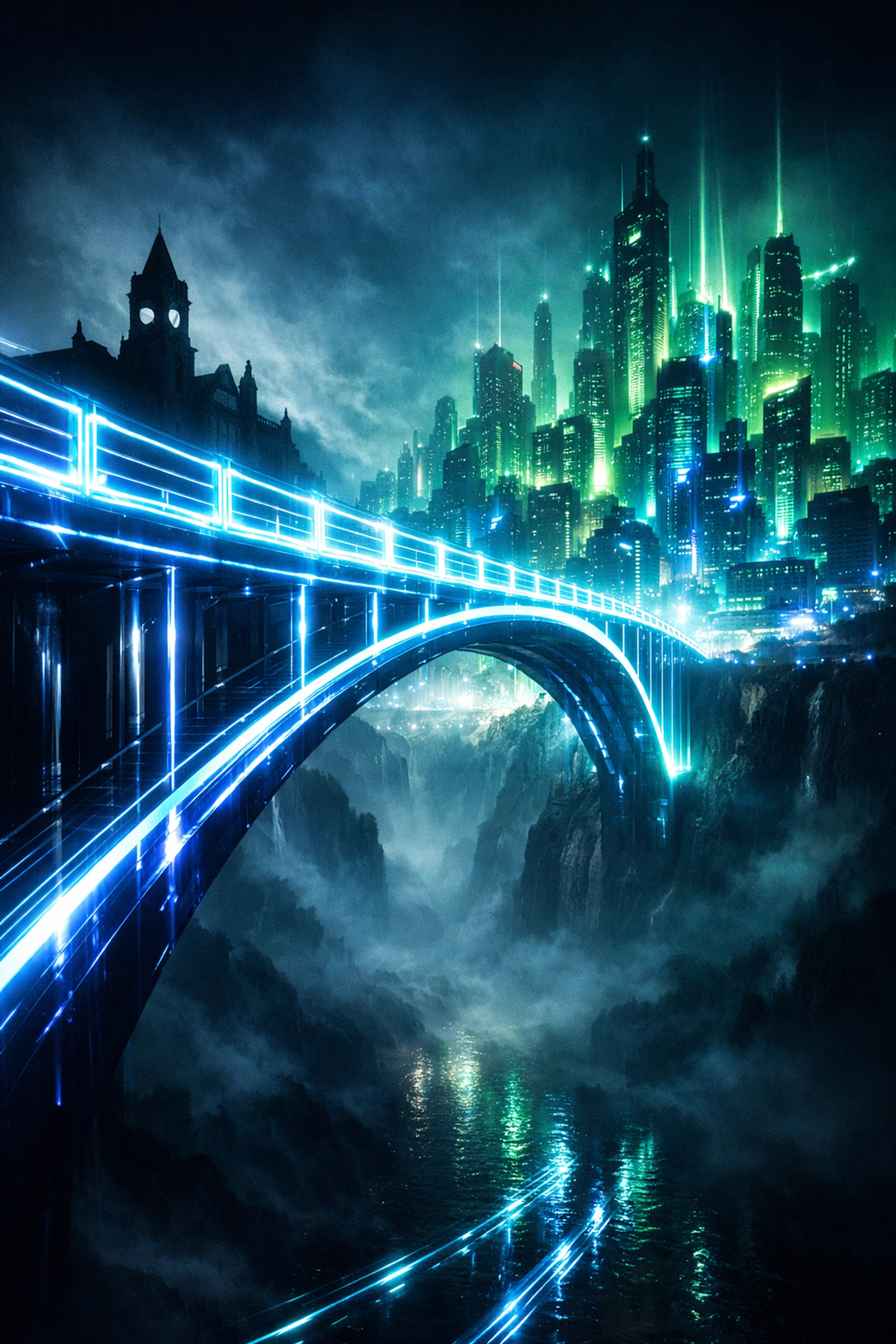 Neon light bridge connecting a university to a futuristic city to symbolize closing the campus-to-career gap.