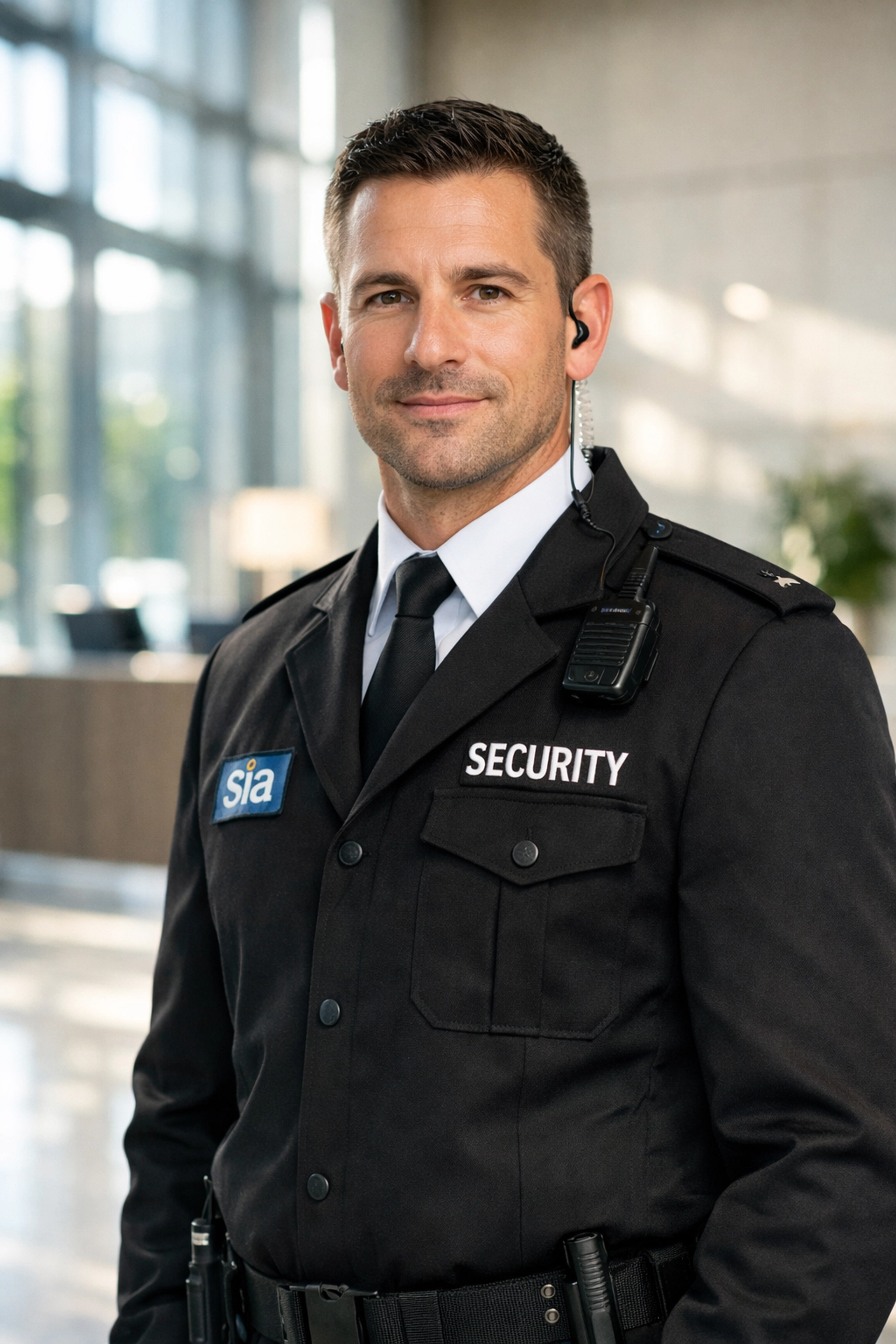 SIA-licensed security officer providing professional manned guarding services in a corporate lobby.
