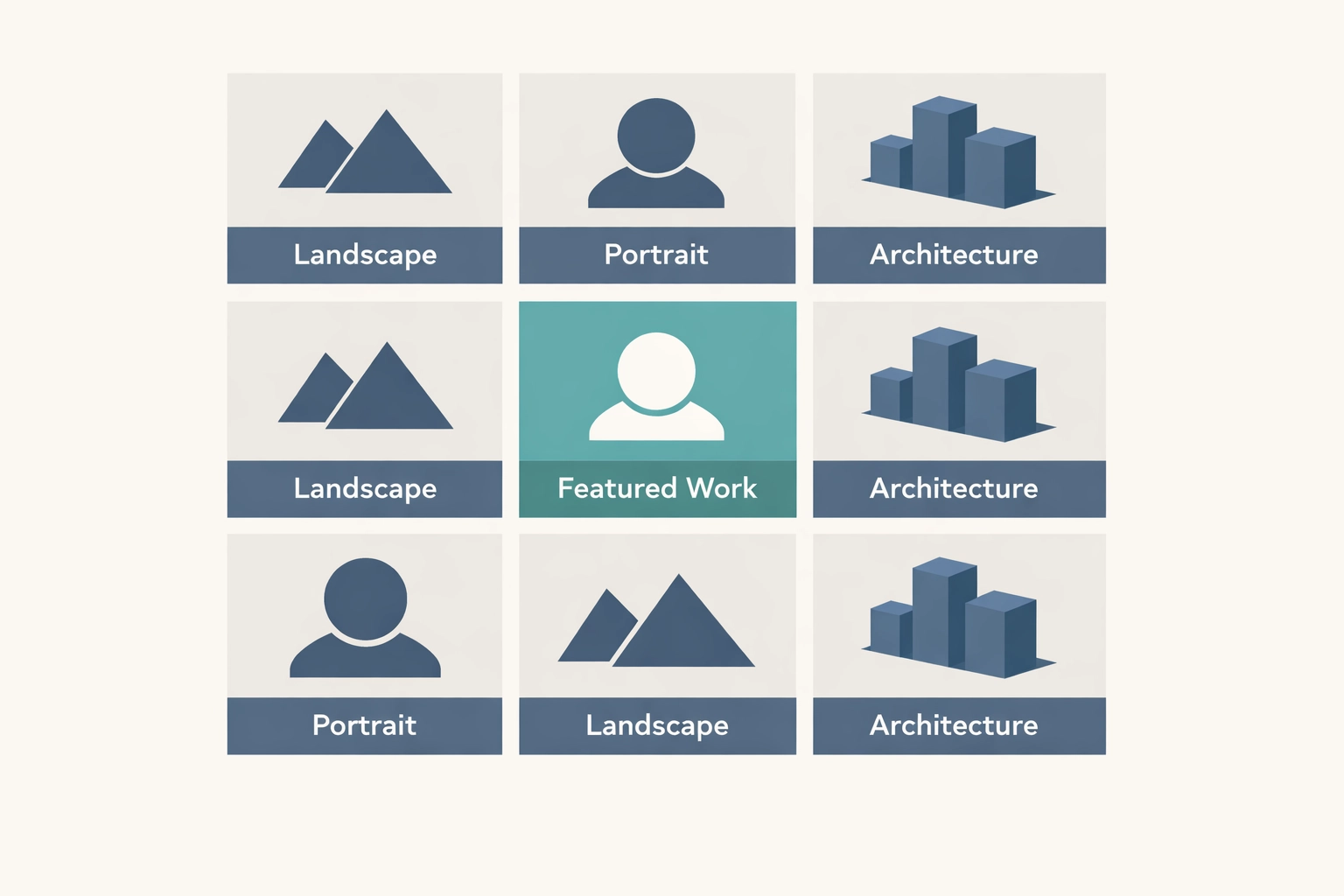 Geometric grid representing various photography niches for a professional freelance portfolio.