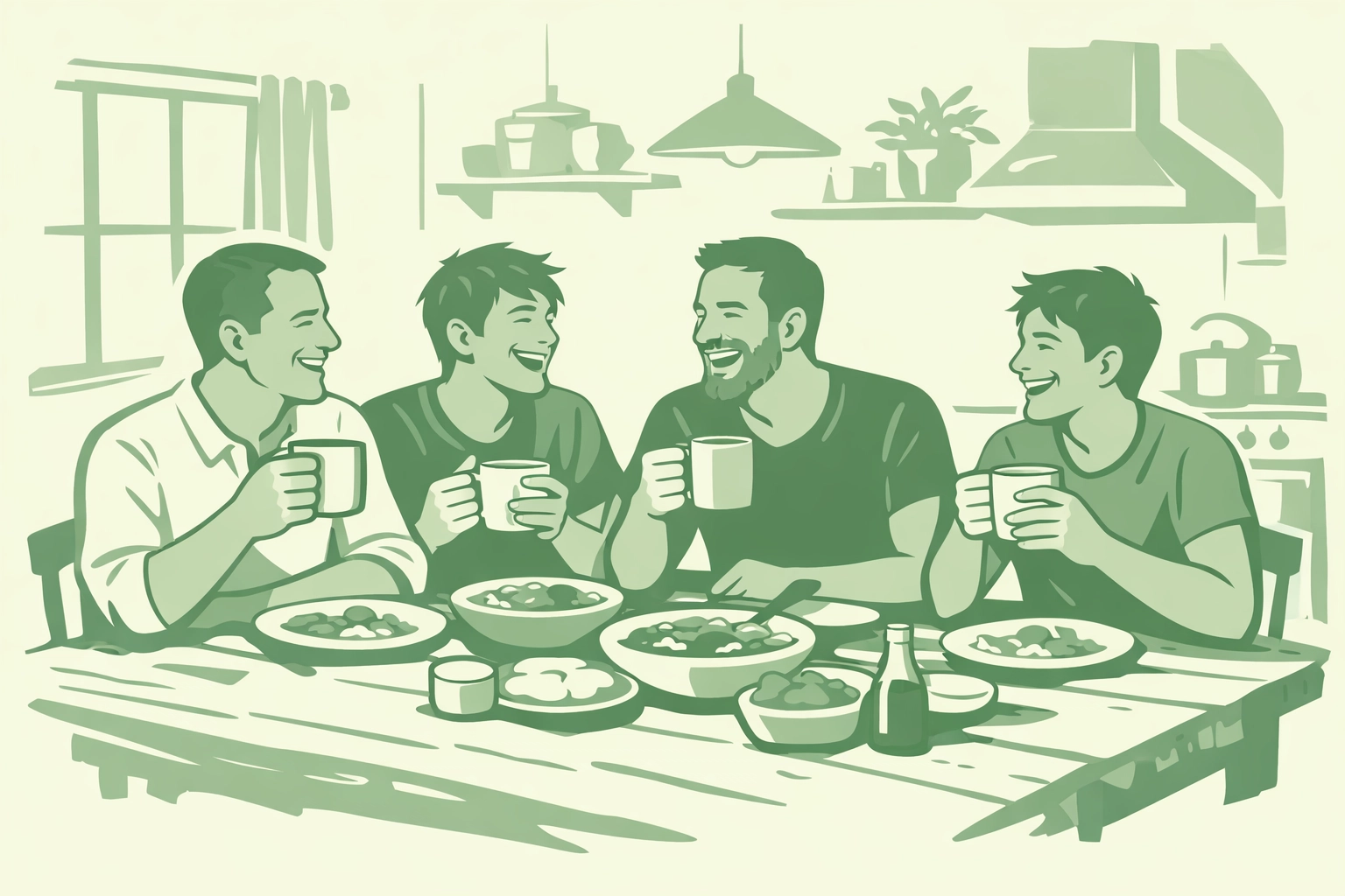 Gay fathers and sons laughing together at the dinner table, celebrating queer family joy