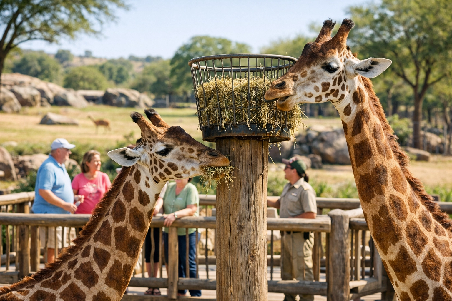 Giraffes in a savanna habitat with zoo staff and visitors, highlighting community-focused wildlife marketing.