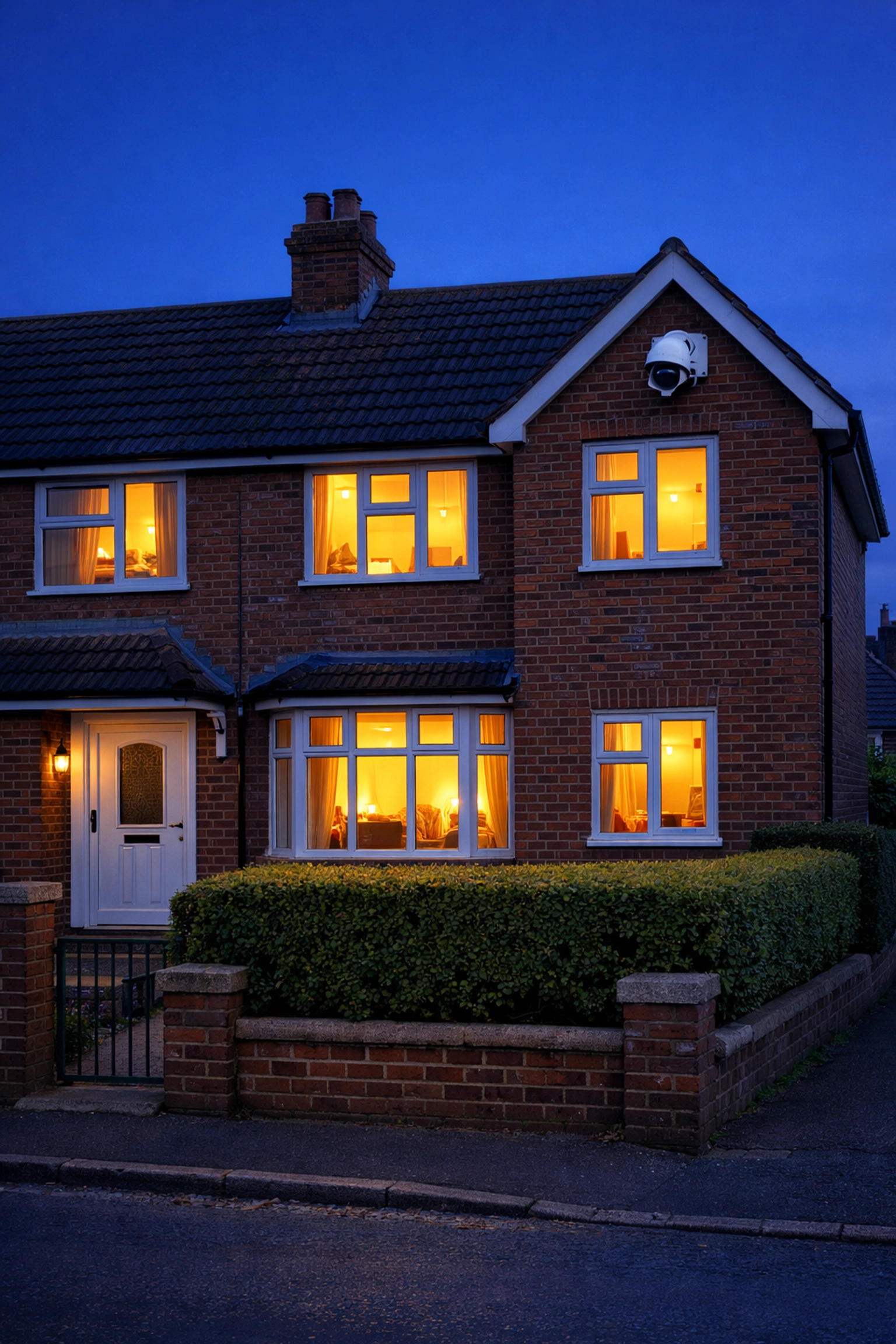 Professional home security systems in Bridgwater protecting a semi-detached house at twilight.
