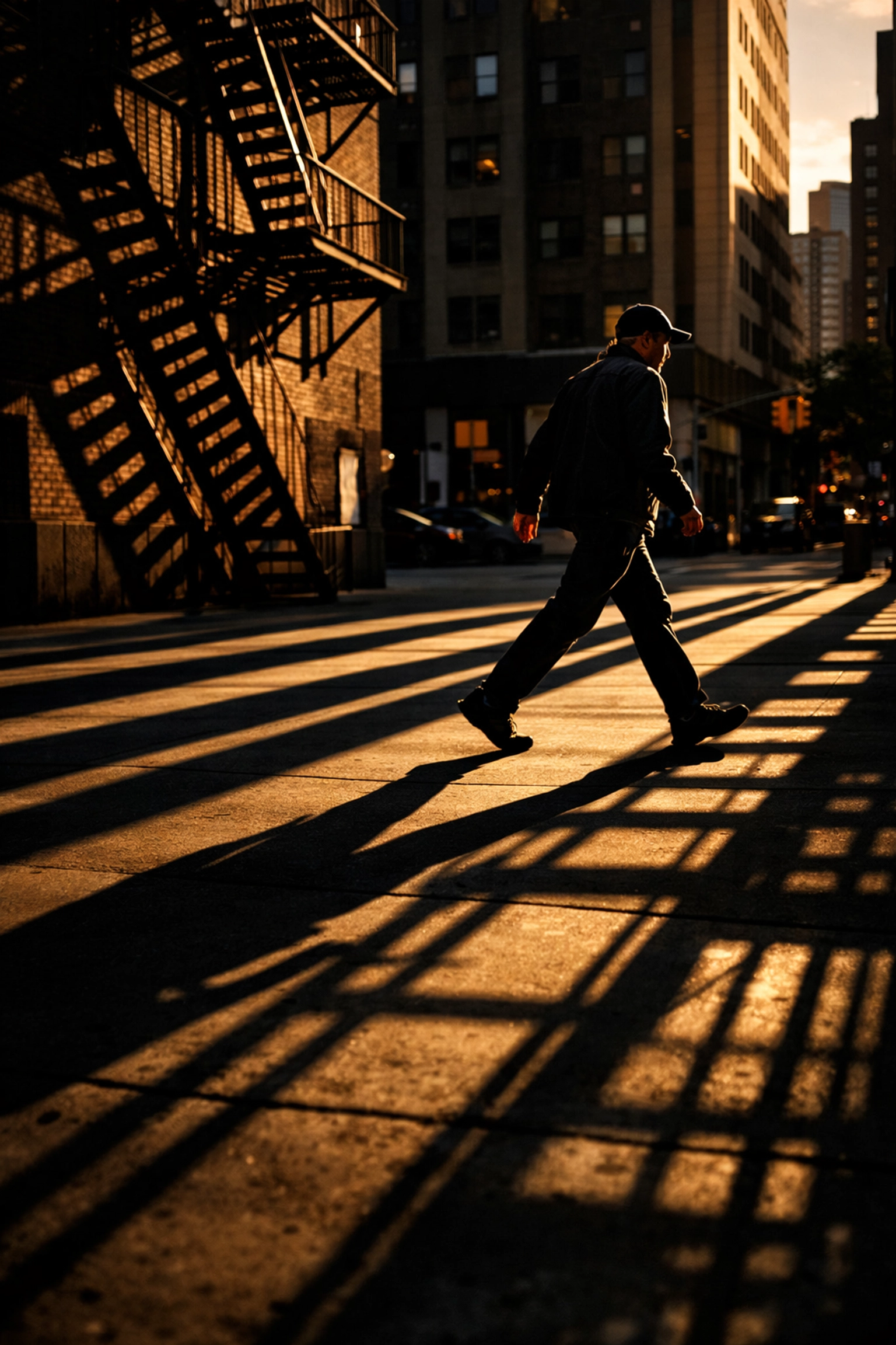 Man walking through sharp geometric shadows in a city plaza for street photography ideas.