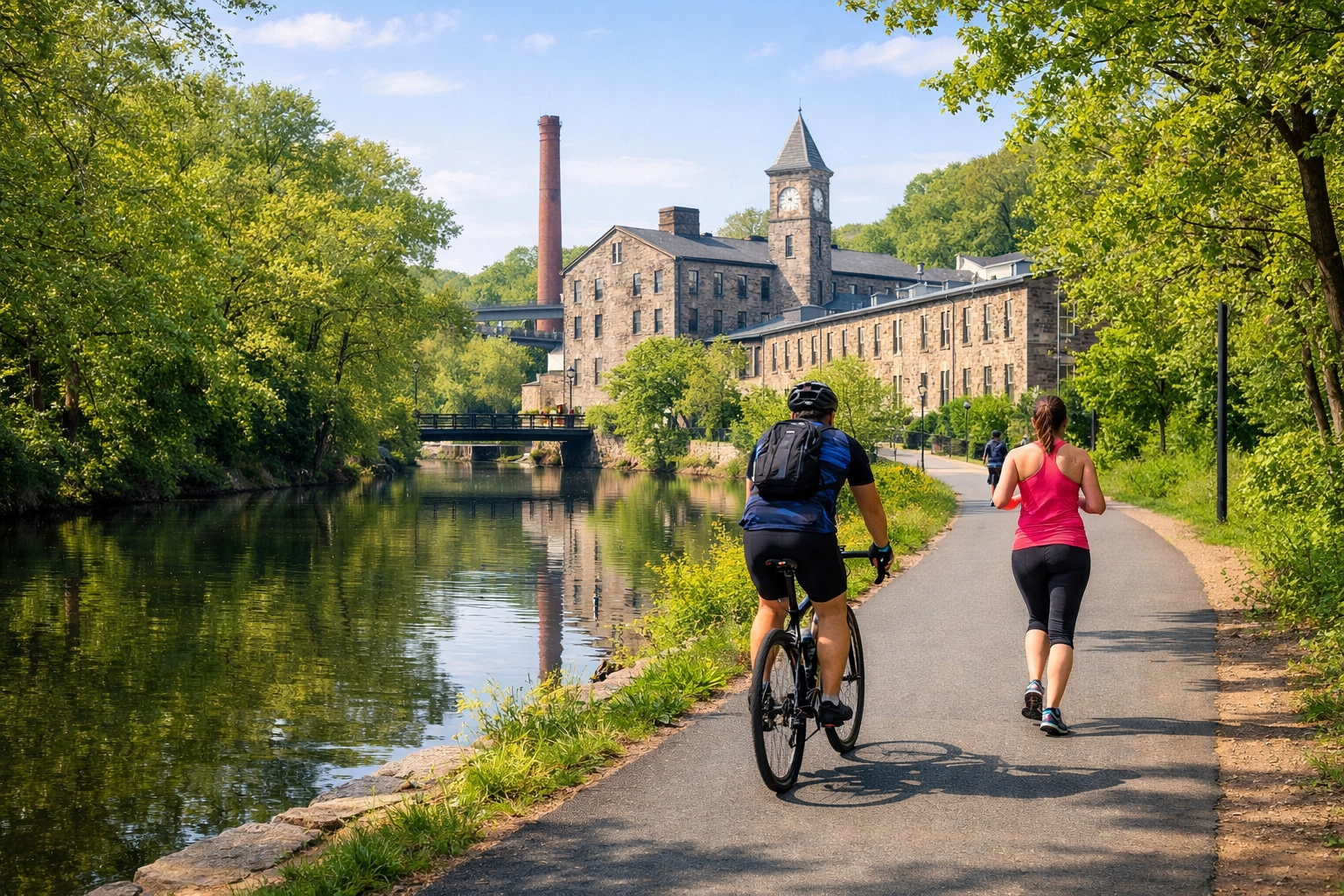 Active residents enjoying the Manayunk Canal Towpath and Schuylkill River Trail in Philadelphia. Active residents enjoying the Manayunk Canal Towpath and Schuylkill River Trail in Philadelphia.