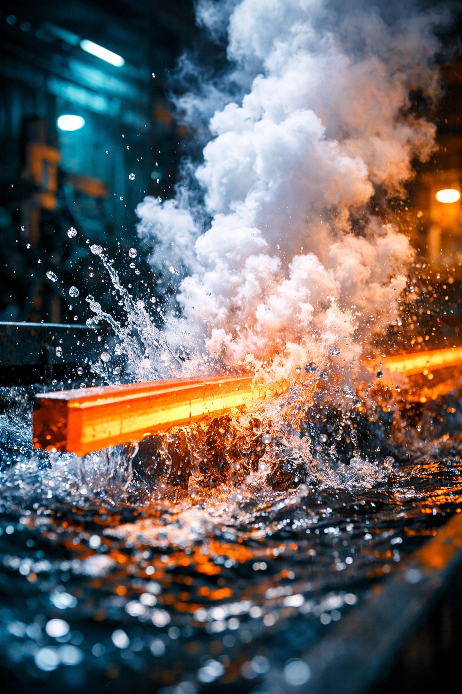 Hot aluminum extrusion being water-quenched to create high-strength T6 tempered structural components.