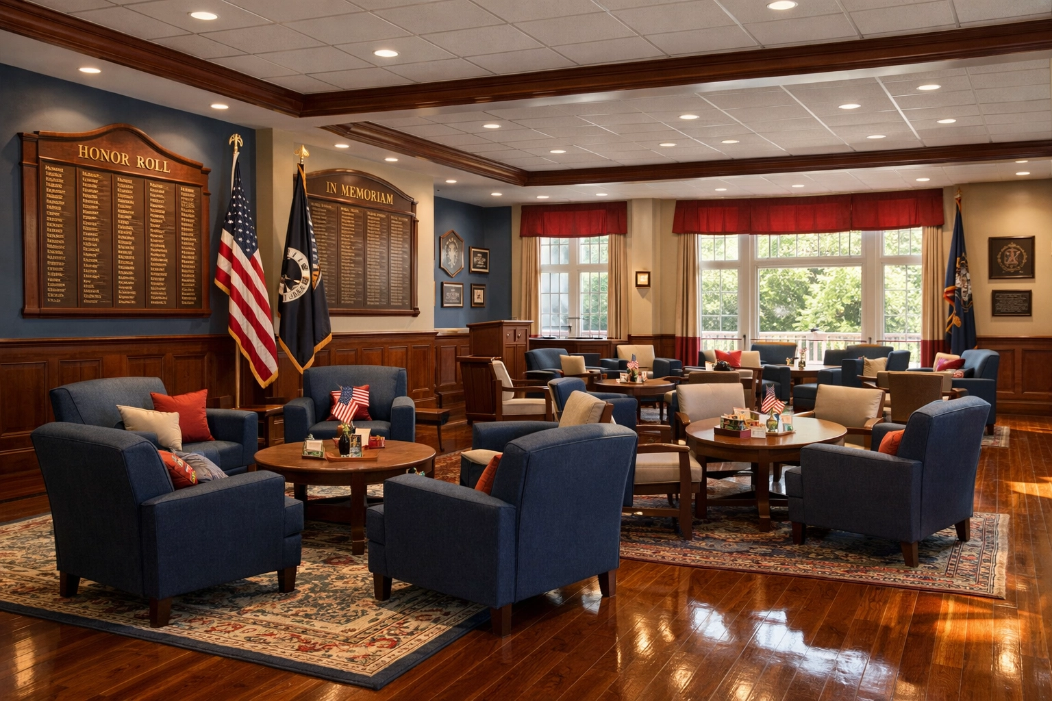 Veterans community hall interior with American flags and welcoming gathering space