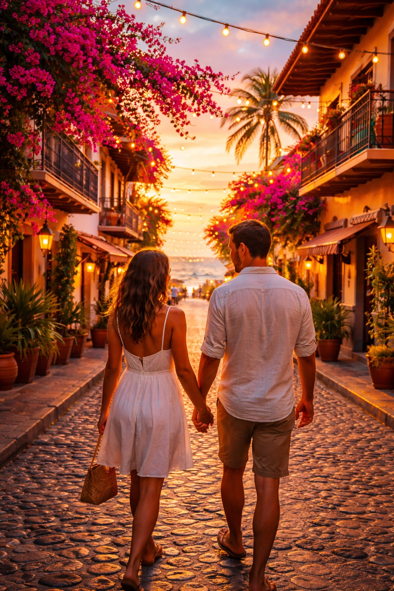 Couple walking hand-in-hand down a colorful cobblestone street in Zona Romántica, Puerto Vallarta at sunset
