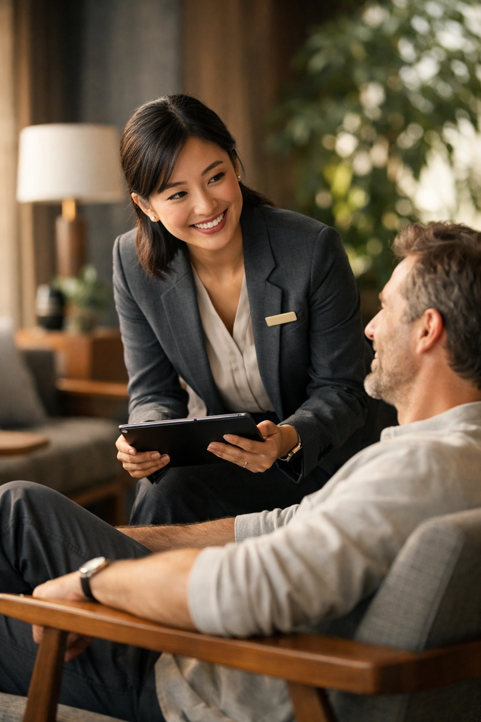Hotel staff using a mobile tablet for personalized guest service in a stylish lounge.