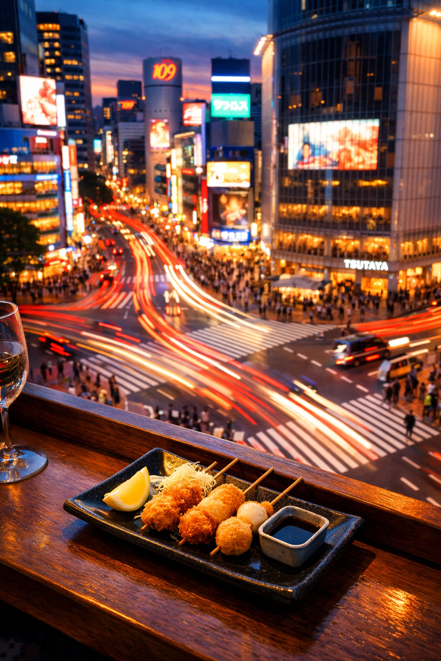 A dish of kushikatsu overlooking the Shibuya Crossing, capturing the best photography locations in Tokyo.