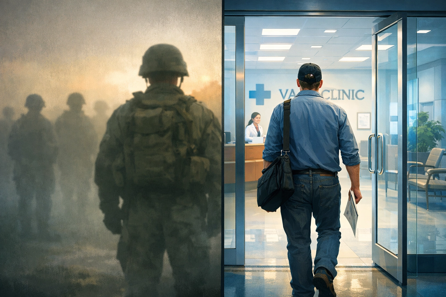 Veteran entering a clinic for a C&P exam, maintaining military discipline for the VA disability claims process.