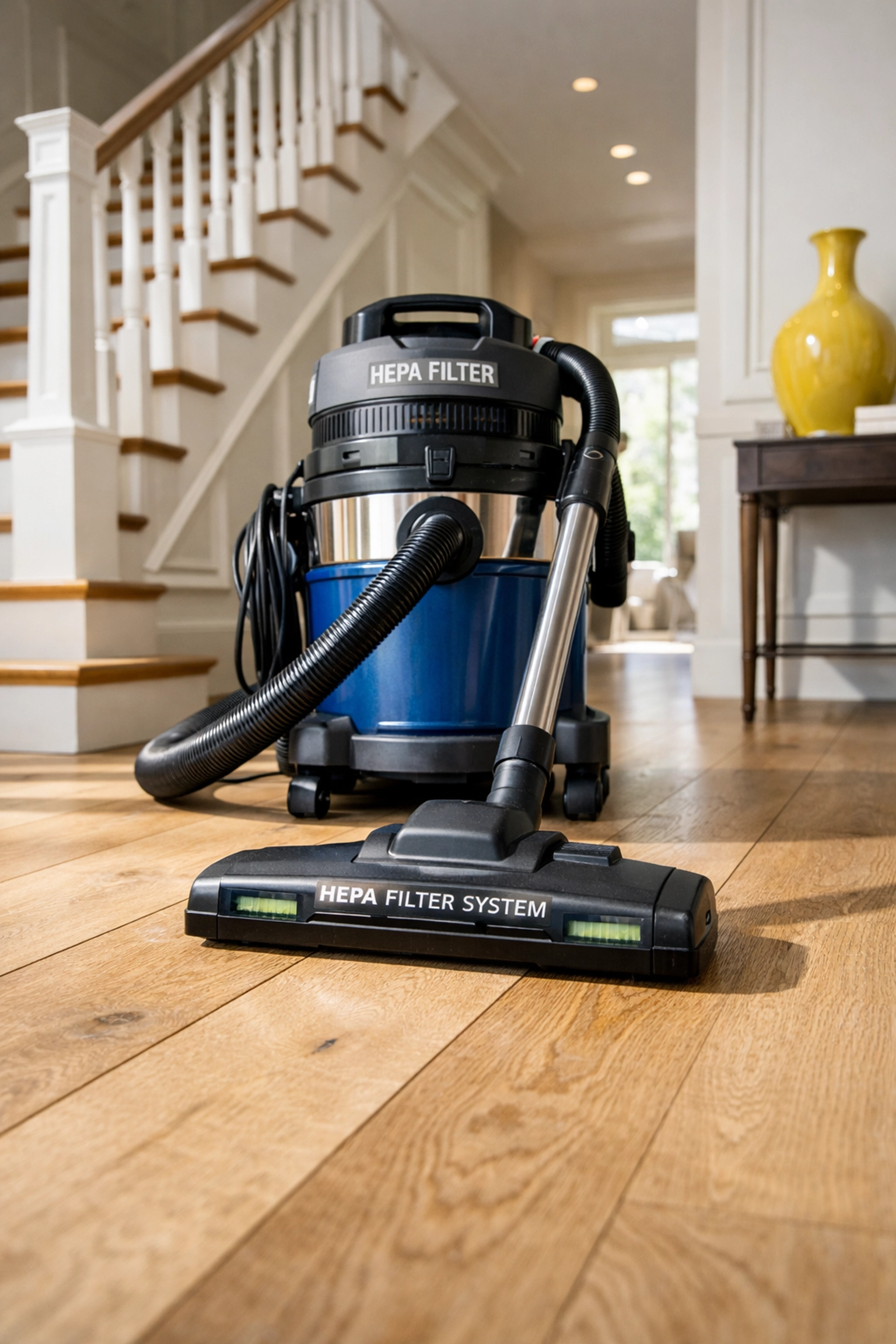 Professional HEPA vacuum on hardwood floors during a post construction cleaning service in Southborough.