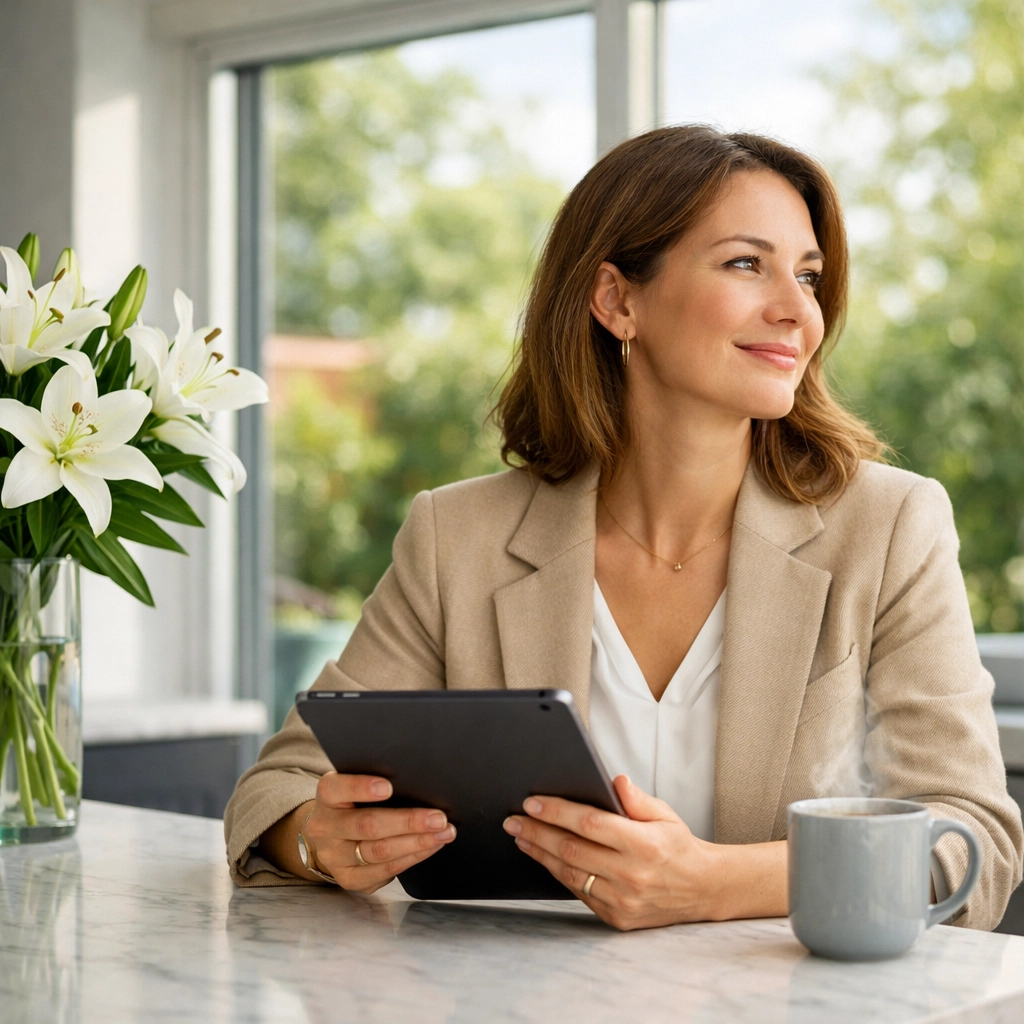 Woking homeowner using a tablet to secure early remortgage advice and lock in low interest rates.