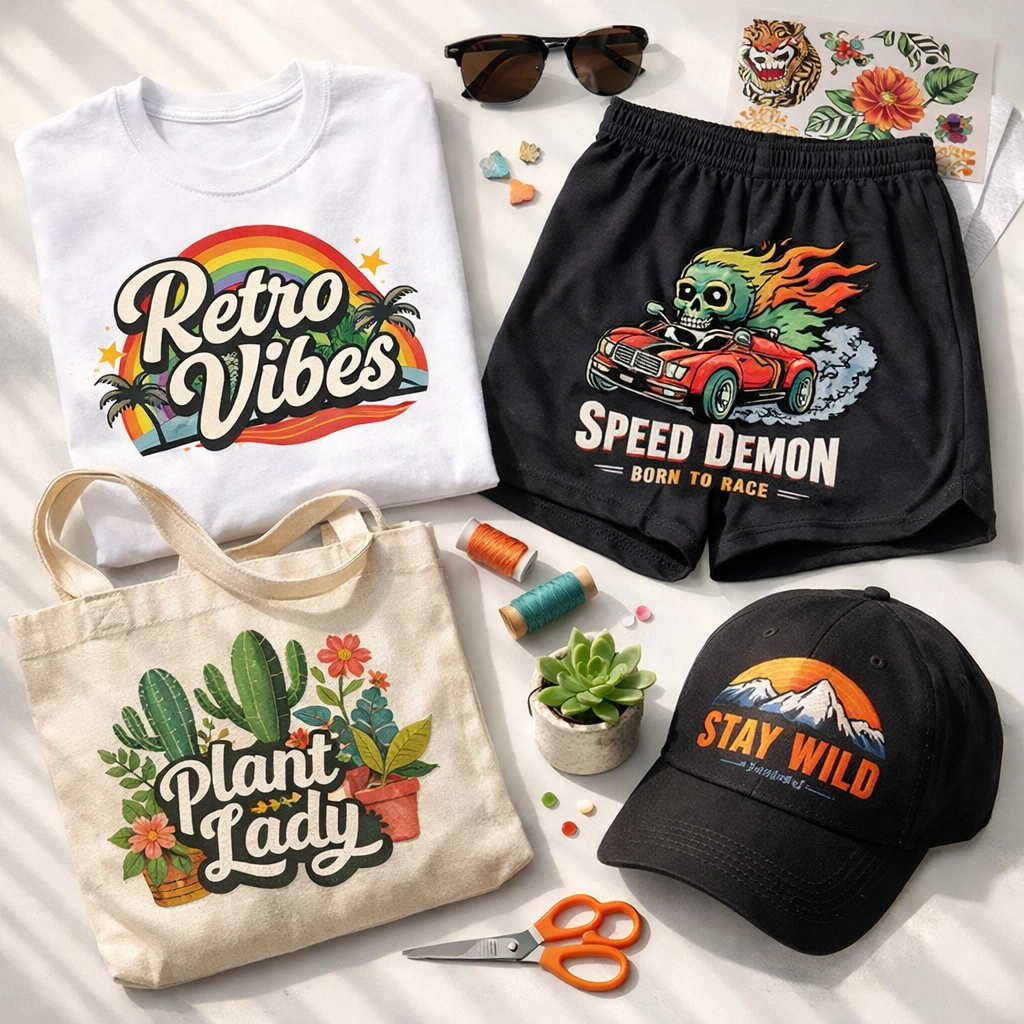 DTF transfers on various apparel including t-shirts, hats, and tote bags