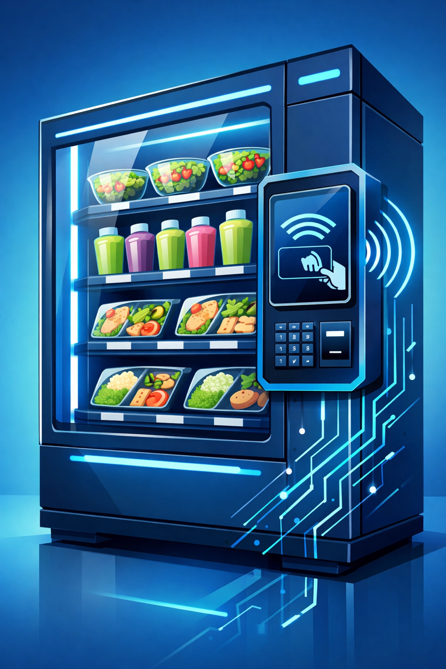 Smart vending machine with contactless payment terminal displaying healthy salads and smoothies