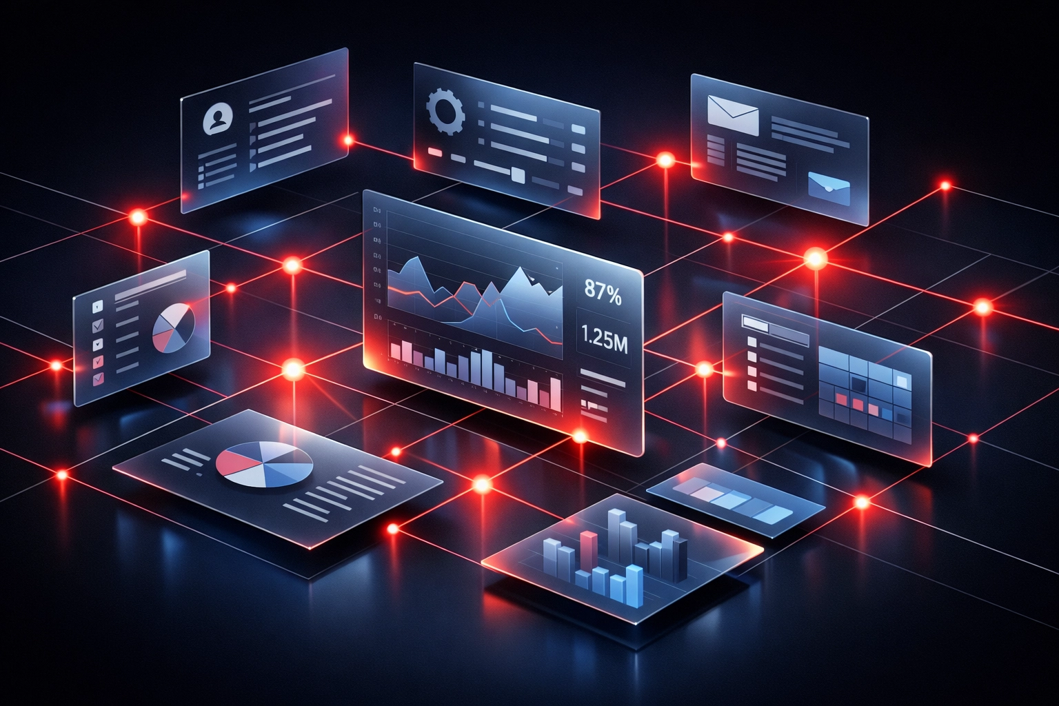 Interconnected digital panels and data nodes visualizing an optimized business automation workflow.