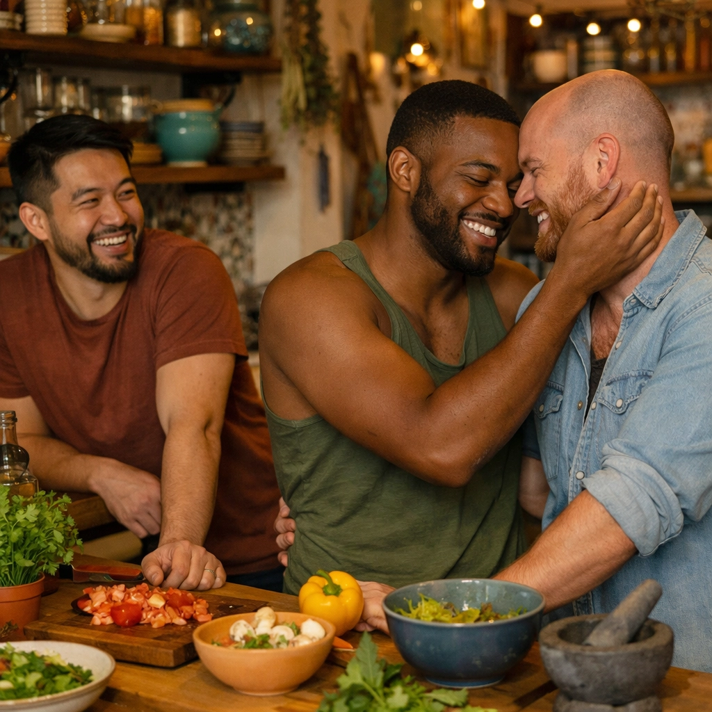 Diverse polyamorous men cooking together, illustrating alternative family and queer relationships.