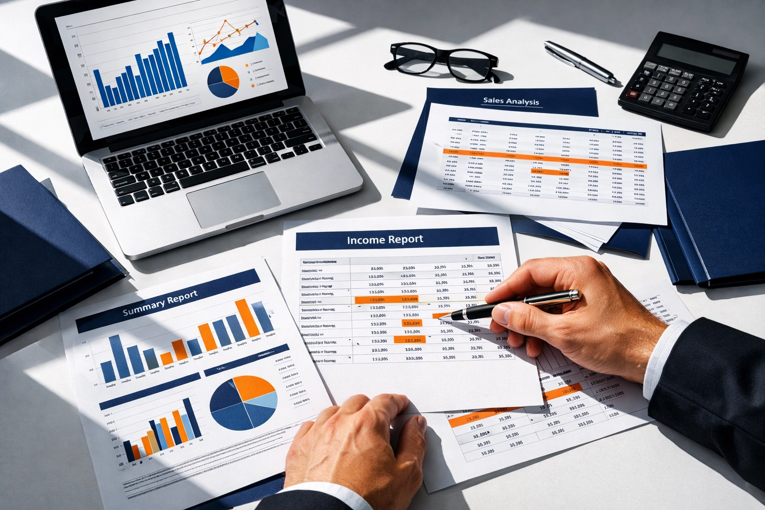 Organized financial documents and reports for business sale preparation