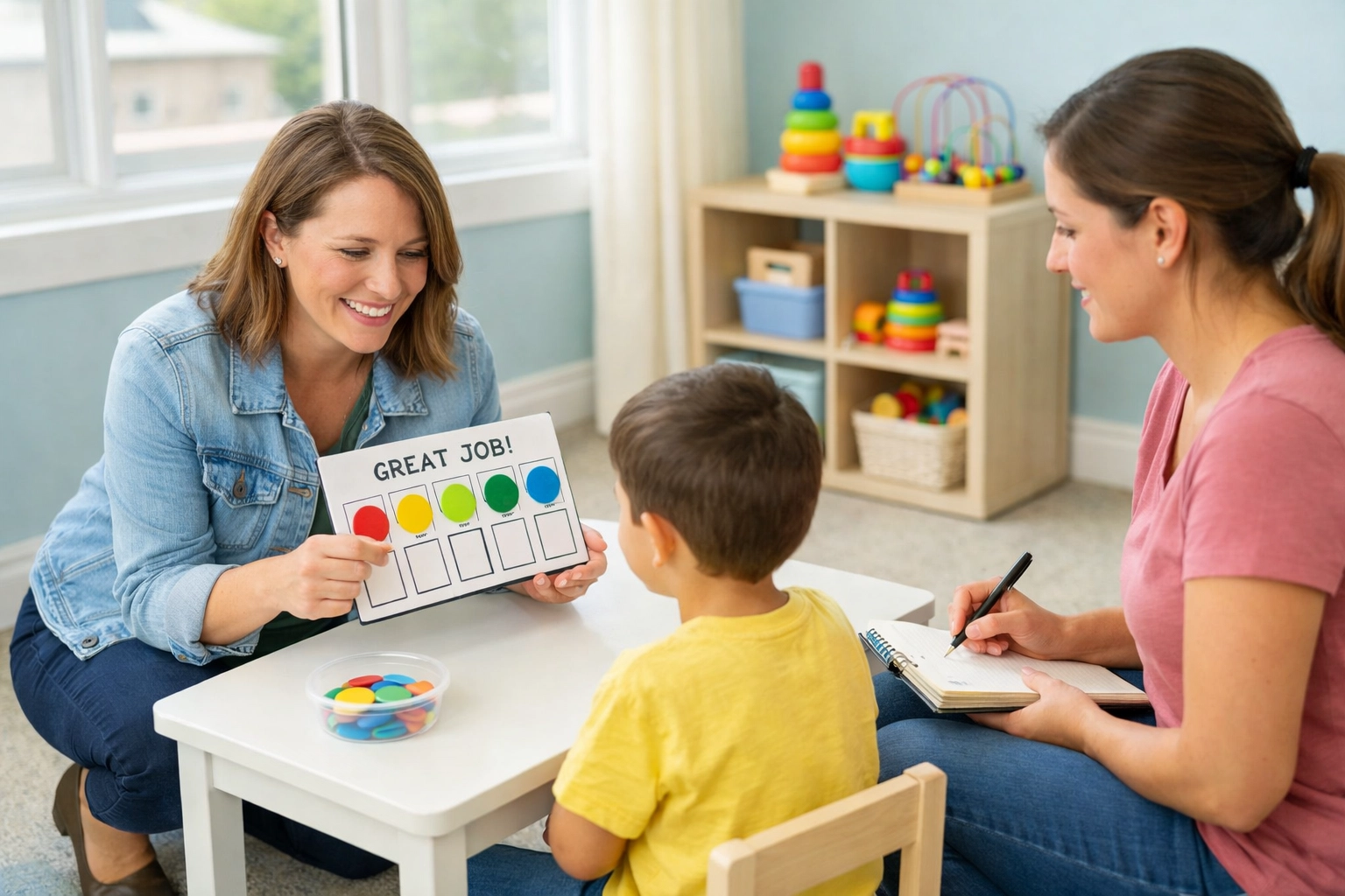 BCBA demonstrating token board system during parent training session at MATS clinic