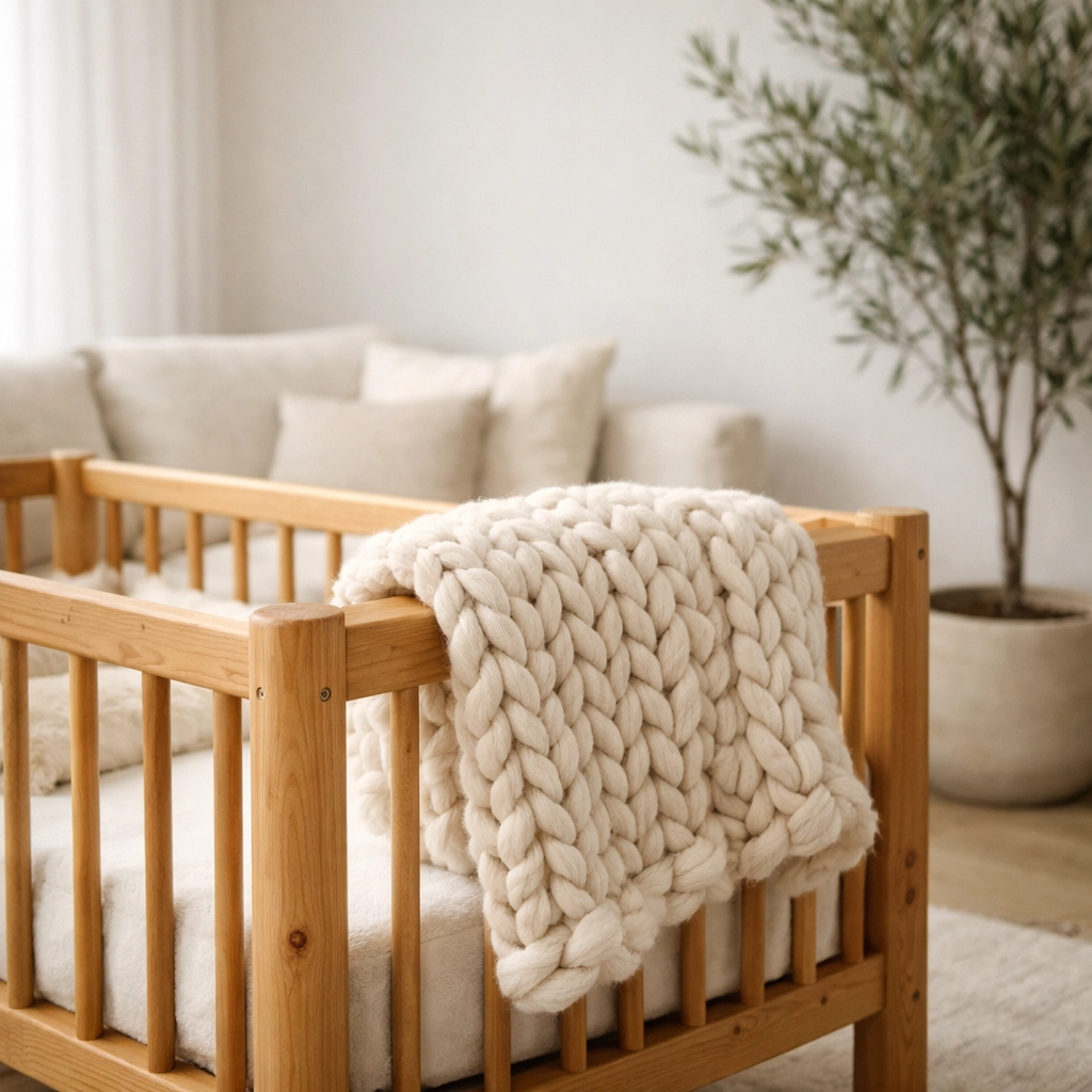 Minimalist wooden baby crib styled with a neutral throw in a modern living room by Modernize Methods.
