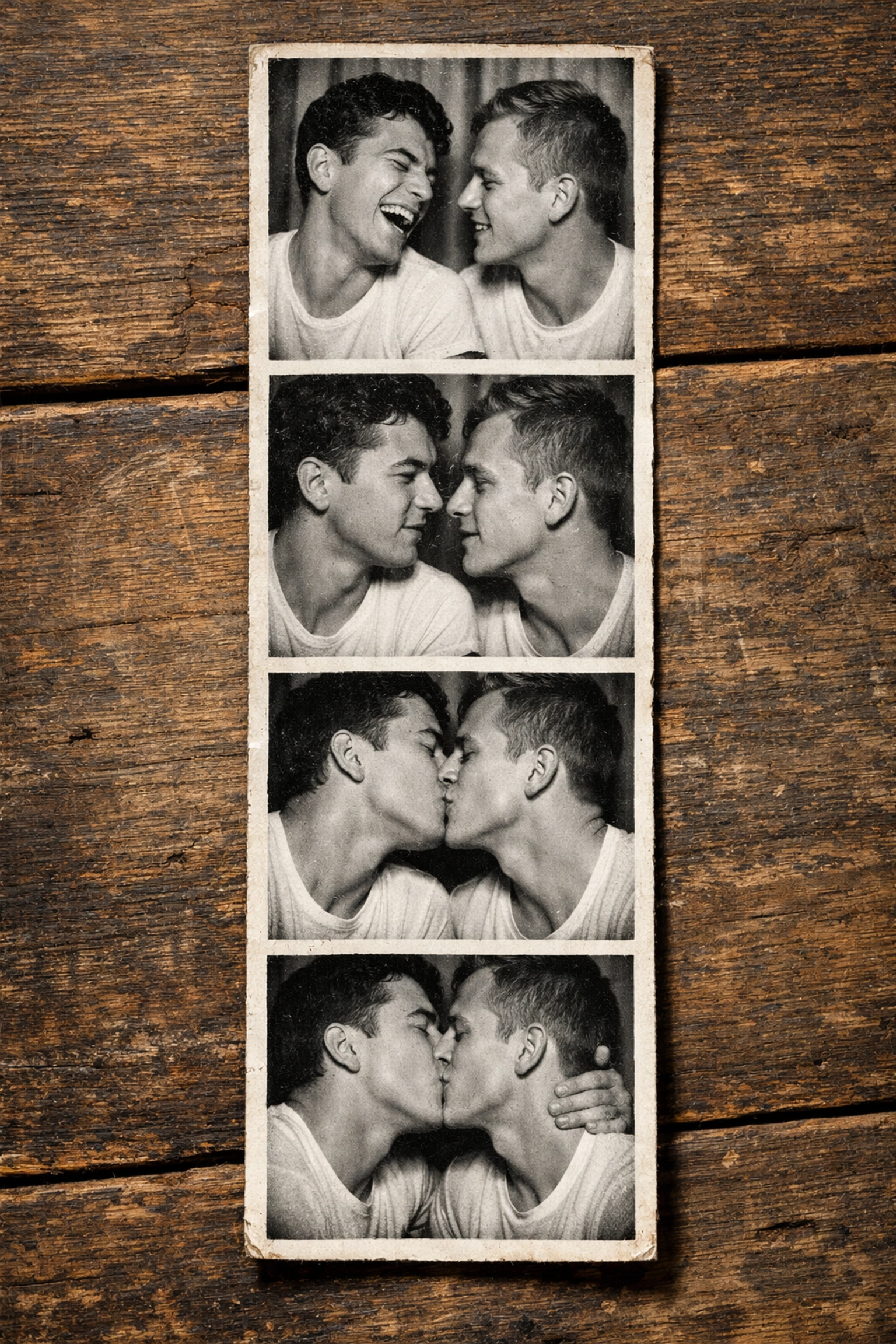 A 1950s photo booth strip showing two men sharing a candid kiss, a landmark in queer history and gay romance.