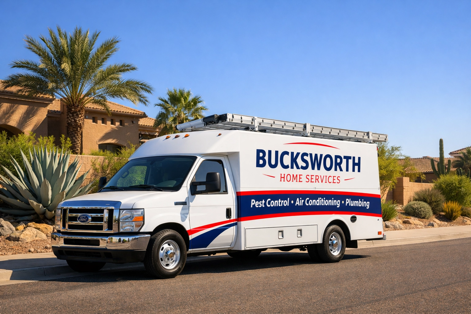 Bucksworth Home Services truck at a Phoenix residential job site for scorpion and desert pest care.