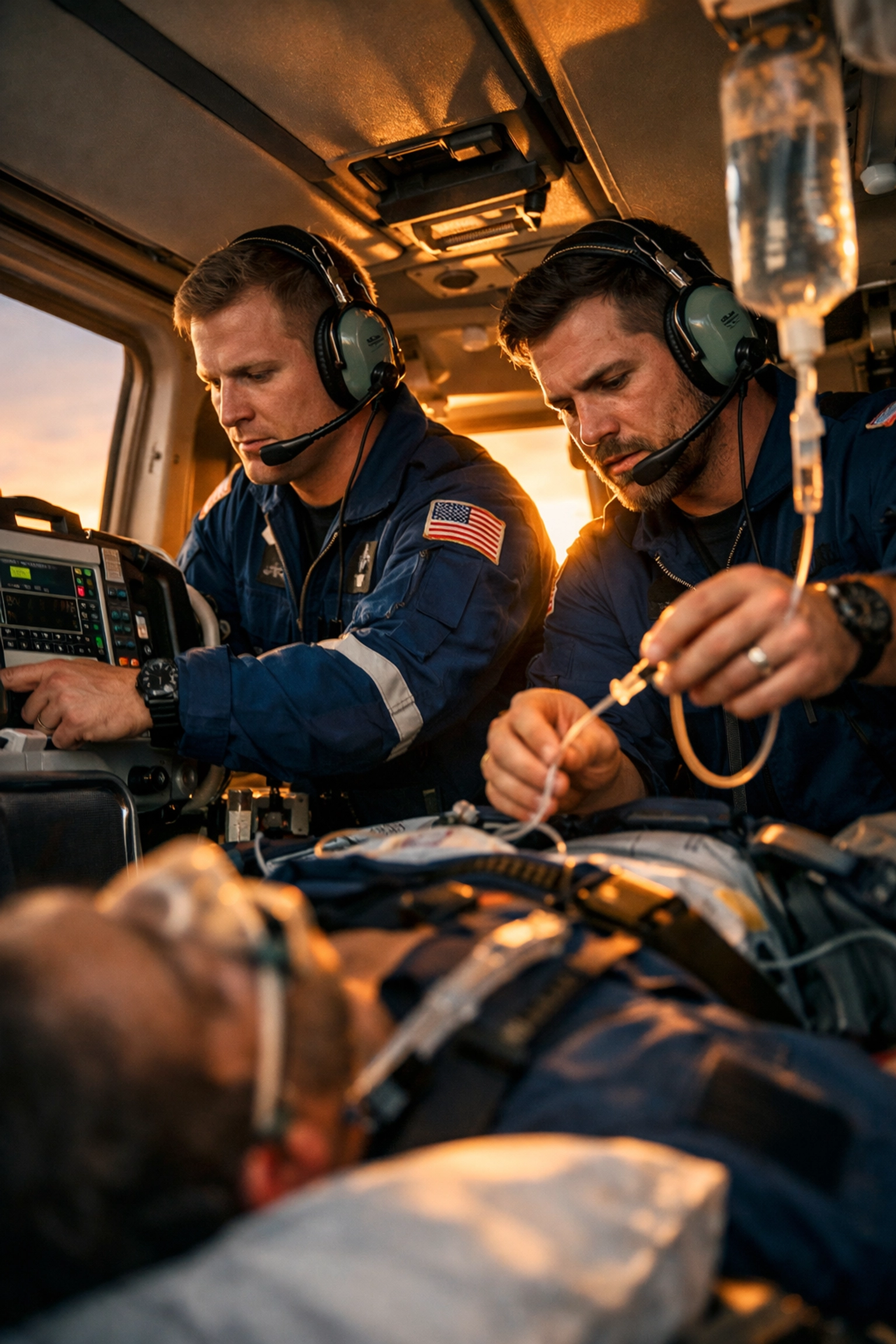 Two male flight medics providing emergency medical care inside helicopter cabin