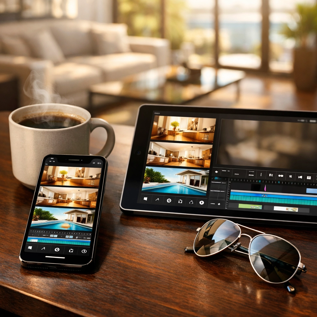 Professional realtor workspace with a smartphone editing luxury property video reels for social media.